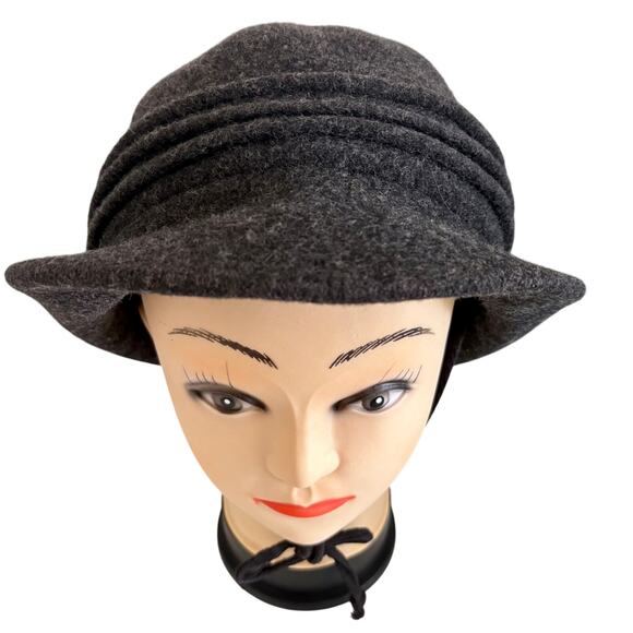 Adora Wool Banded Flapper Cloche Hat w/ Tie Brim Charcoal Grey Retro Coquette main image 7